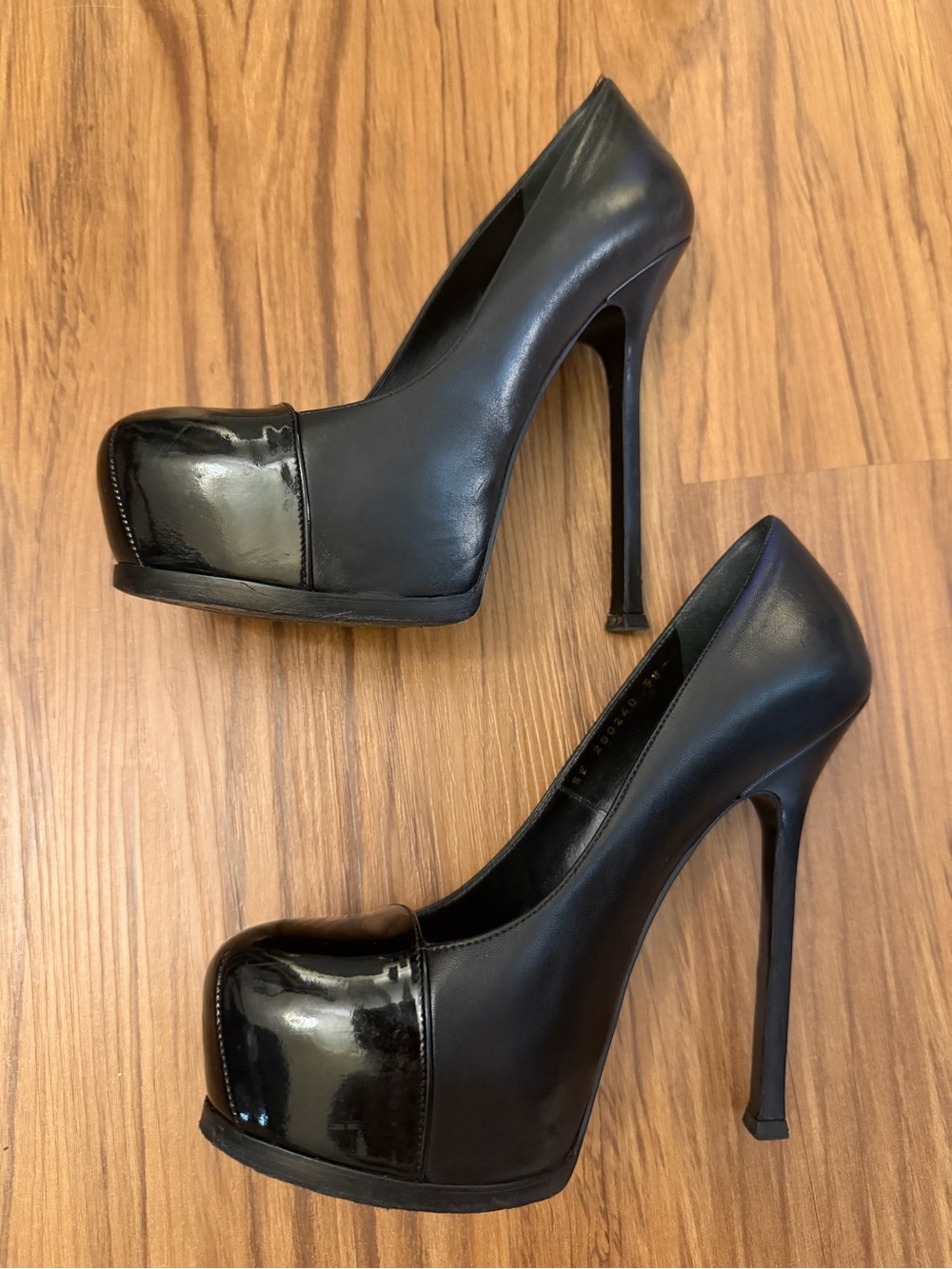 YSL Saint Laurent Black Tribtoo Leather Cap Toe Platform Stiletto Pumps - Picture 4 of 10